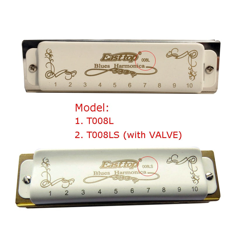 10 Hole Harmonica Professional Half-valves Diatonic Blues Harp T008L/T008LS(with valve)  White Color Transparent Acrylic Comb