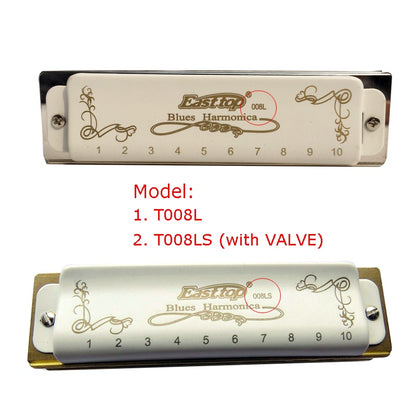 10 Hole Harmonica Professional Half-valves Diatonic Blues Harp T008L/T008LS(with valve)  White Color Transparent Acrylic Comb